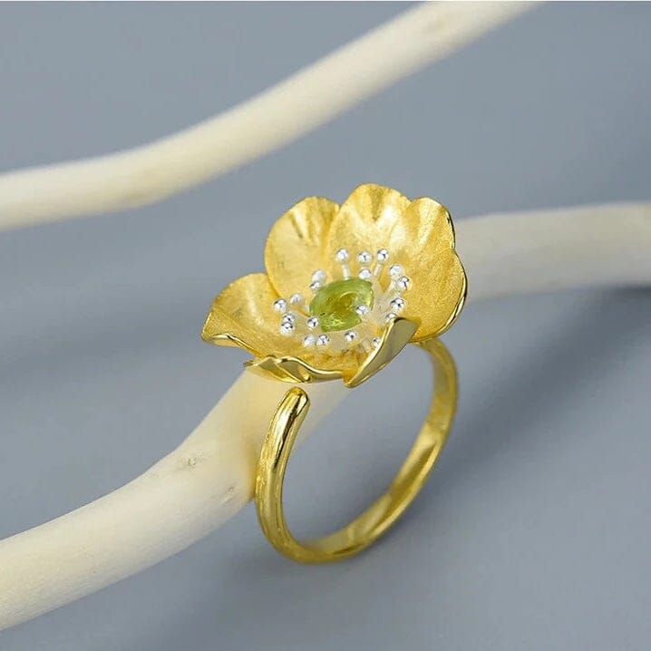 Blooming Anemone Peridot Flower Adjustable Ring - 925 Sterling SilverRingResizableGold Silver Peridot