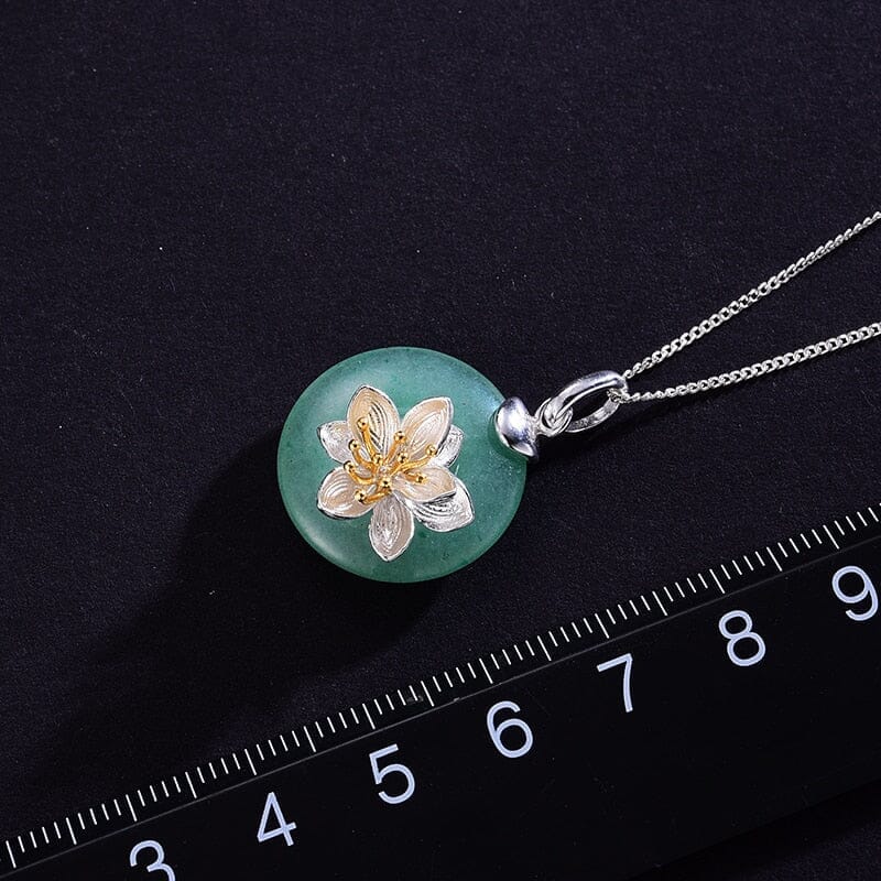 Fine Lotus Flower Green Aventurine Pendant - 925 Sterling Silver ( No Chain )Pendant