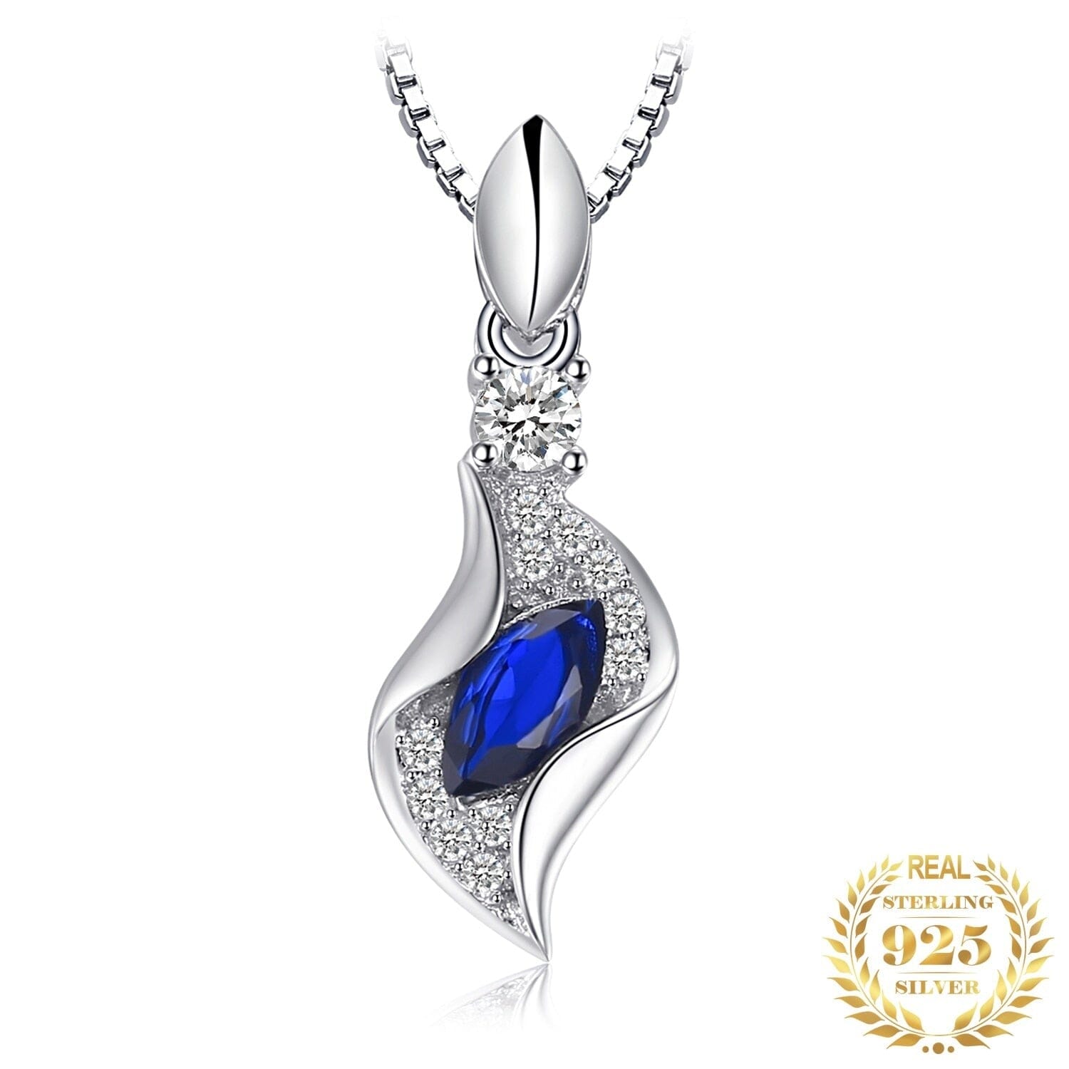 Unique Elegant Marquise Created Blue Sapphire Pendant Necklace ( No Chain )- 925 Sterling SilverNecklace