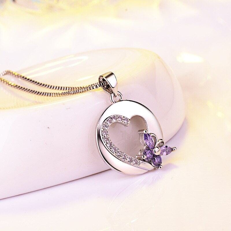 Romantic Amethyst with Bow Heart Pendant Necklace - 925 Sterling SilverNecklace