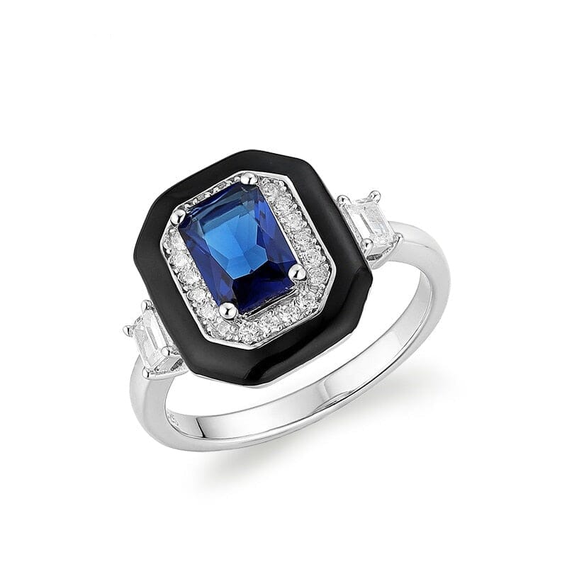 New Black Enamel Sapphire Crystal Square Ring - 925 Sterling SilverRing5Silver