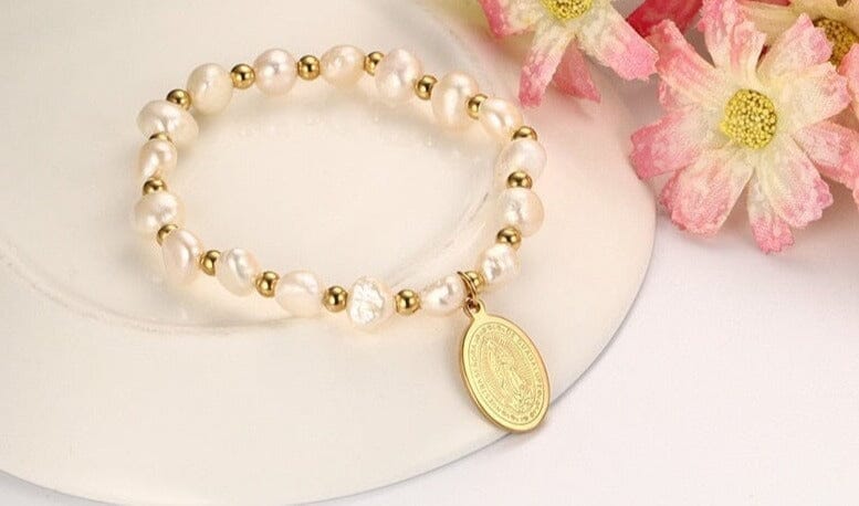 Stainless Steel Virgin Mary WWJD Pearl BraceletBracelet