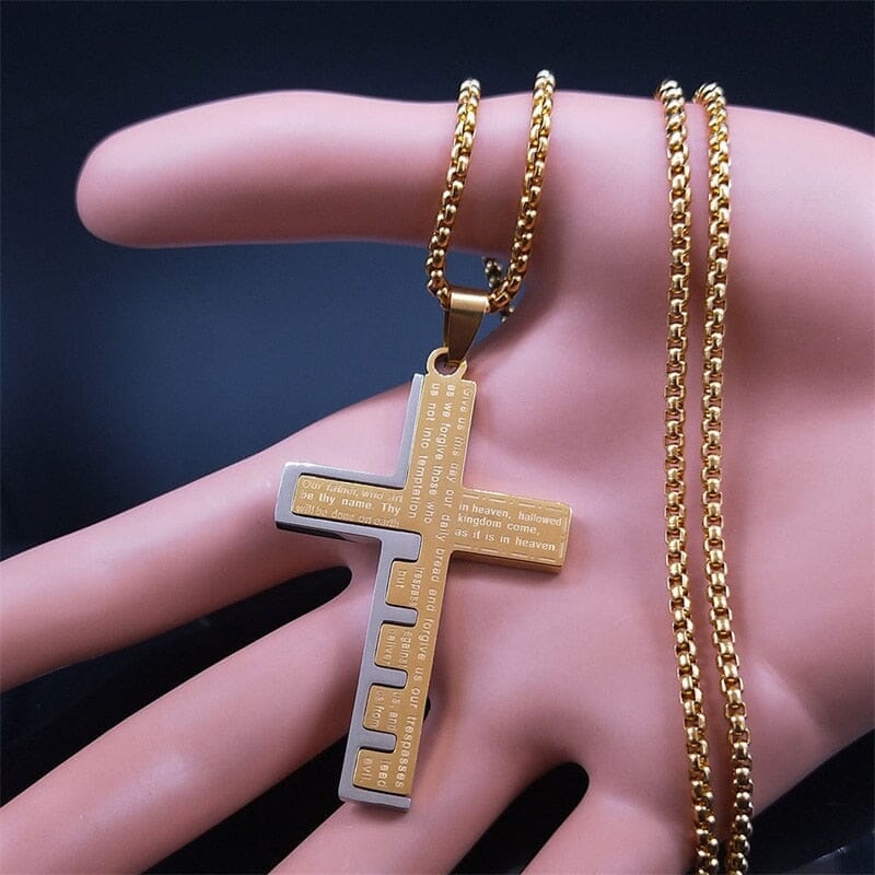 WWJD Cross Christian Prayer Necklace - ( Stainless Steel Gold )Necklace