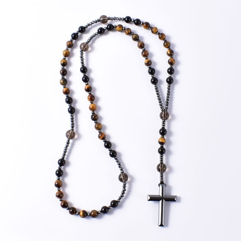 Natural Black Onyx With Tiger Eye Stone Catholic Christ Rosary NecklaceNecklace