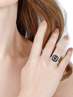 New Black Enamel Sapphire Crystal Square Ring - 925 Sterling SilverRing