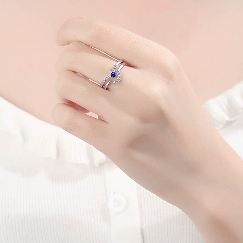 Fashion Star Moon Shape Sapphire Ring - 925 Sterling SilverRing