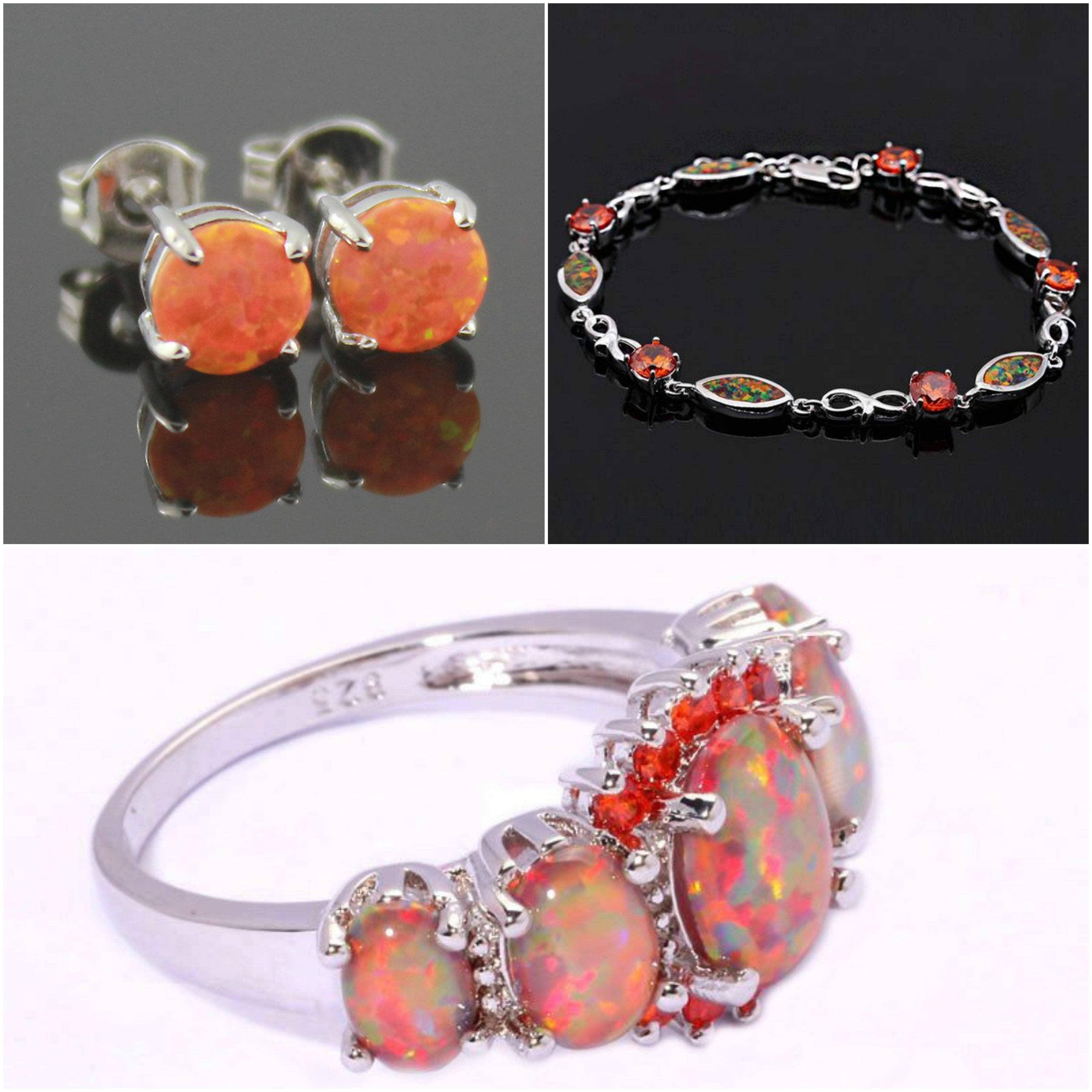 Orange Fire Opal Set - Ring, Earrings & BraceletJewelry Set