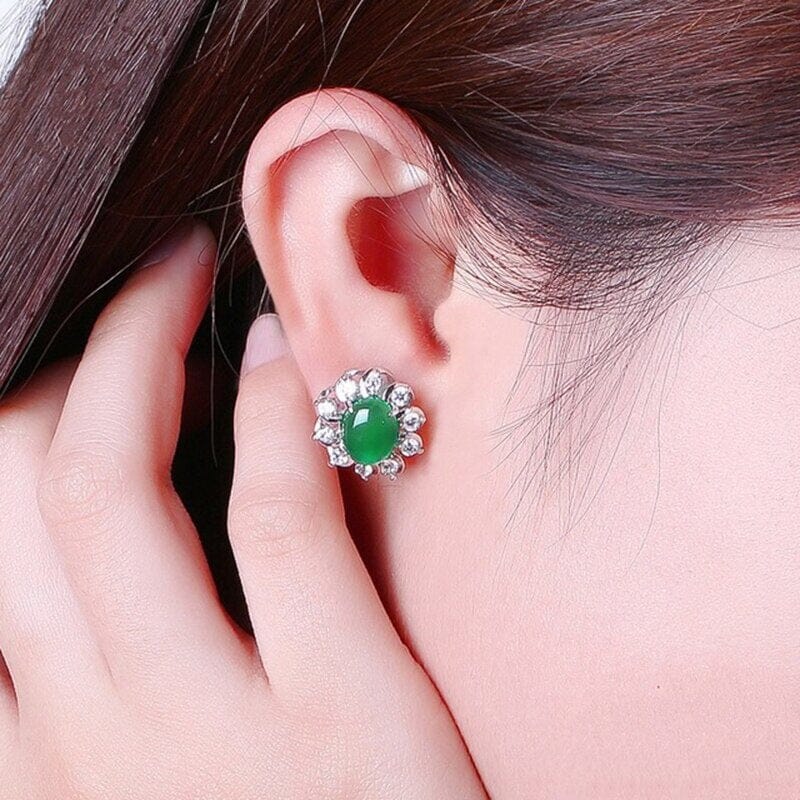 Simple Silver Green Jade Chalcedony Stud EarringsEarrings