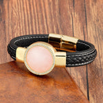 Natural Round Tiger Eye Leather BraceletBraceletGold-Pink Crystal19cm