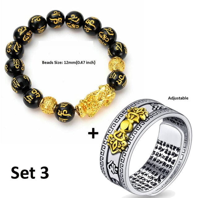 Wealth and Lucky Adjustable Ring and Beaded BraceletJewelry SetSet 3