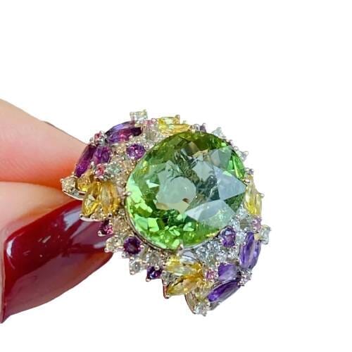 Luxury Temperament Colorful Flower Zircon Peridot Ring - 925 Sterling SilverRing