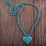 Fashion Bohemian 8mm Blue Stones Knotted With Stone Heart Turquoise Pendant NecklaceNecklace486cm