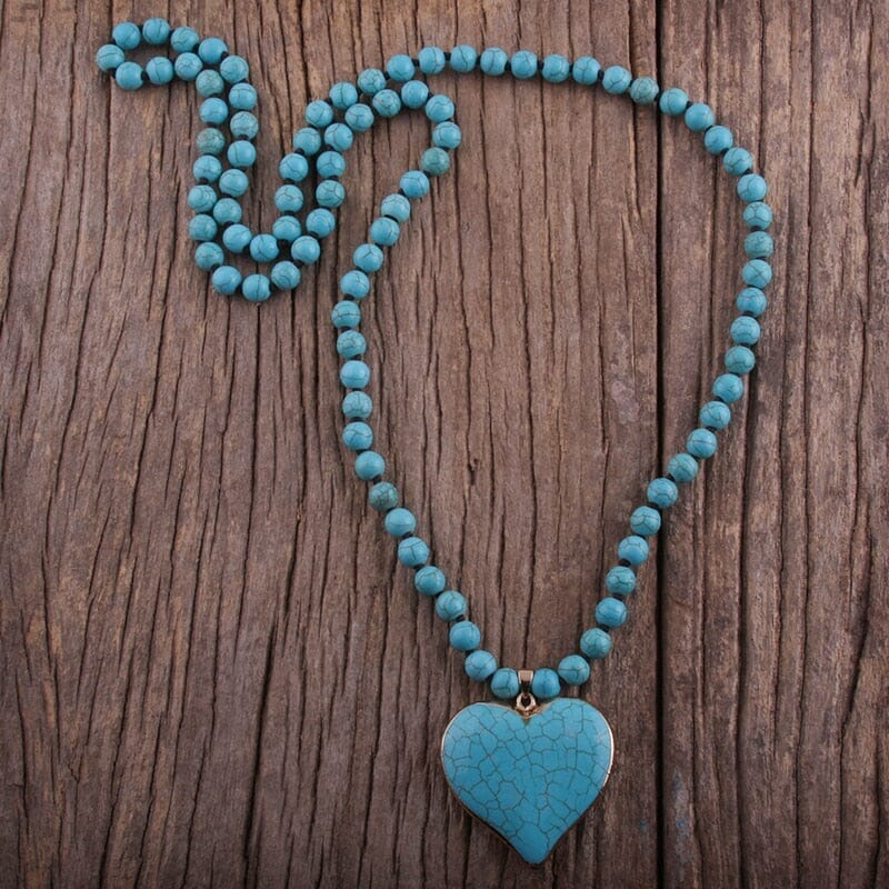 Fashion Bohemian 8mm Blue Stones Knotted With Stone Heart Turquoise Pendant NecklaceNecklace486cm