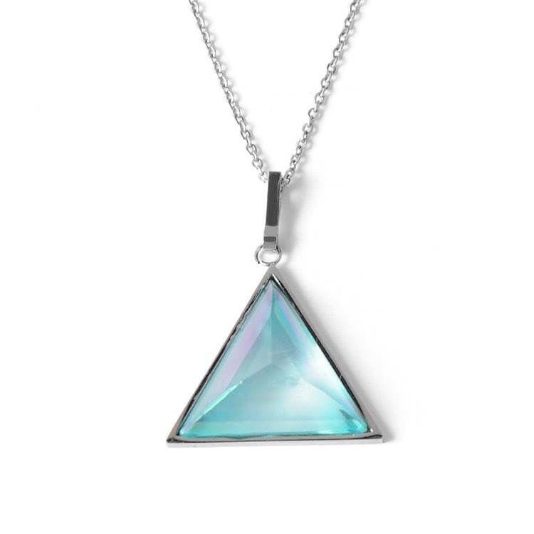 Aquamarine, Malachite And Clear Quartz Triangle Amulet NecklaceNecklaceStainless SteelAquamarine