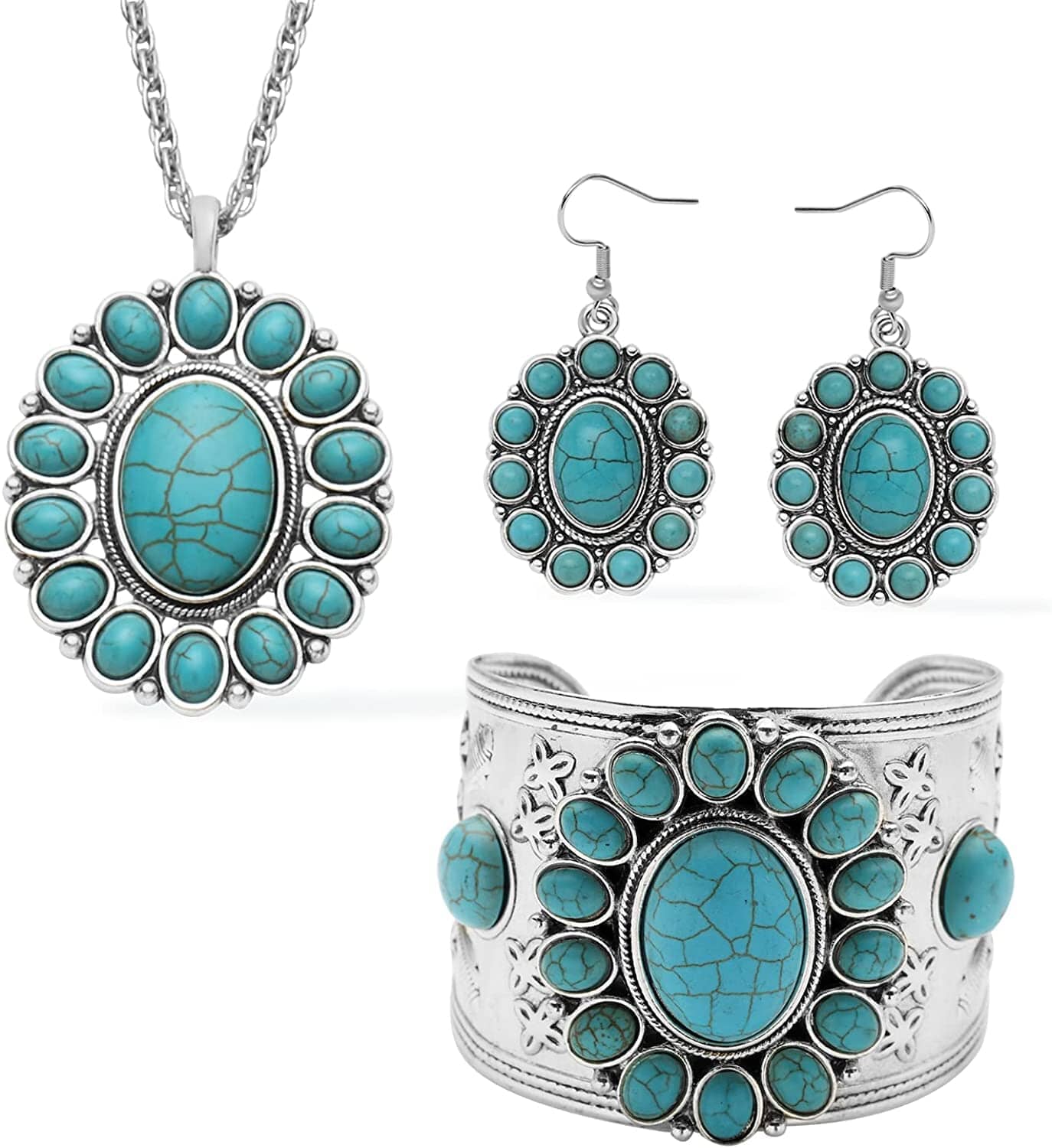Oval Howlite Flower Turquoise Jewelry SetNecklaceBlue