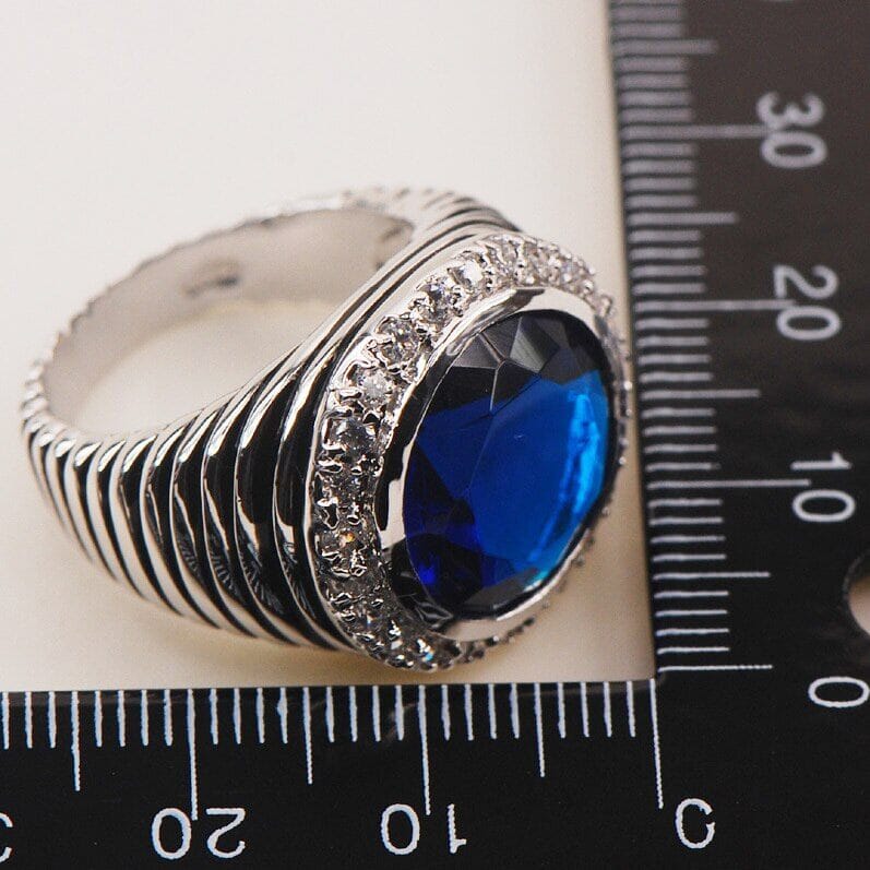 Round Blue Sapphire Crystal Zircon Fashion Ring - 925 Sterling SilverRing