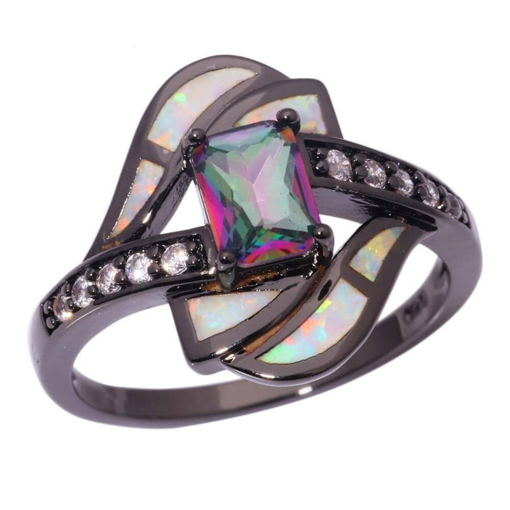 Rainbow Mystic Topaz and White Fire Opal Geometric RingRing6