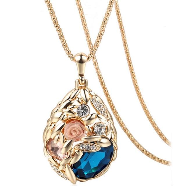 Gold Plated Popcorn Chain Austrian Crystal Jewelry Pendant NecklaceNecklaceBlue