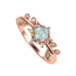 Luxury Bride Crystal Leaf White Round Opal Rose Gold Ring - 925 Sterling SilverRing