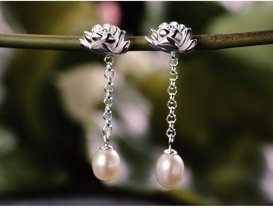 Water Drop Lotus Drop Earrings - 925 Sterling SilverEarrings