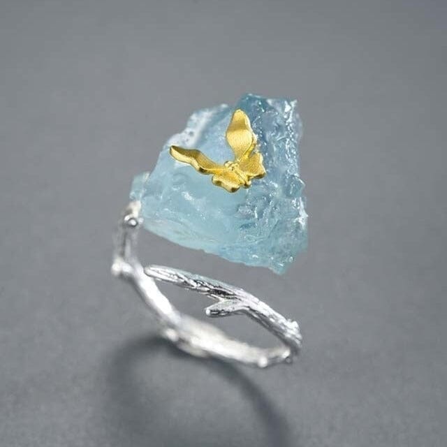 Aquamarine Butterfly 925 Sterling Silver RingRingGold