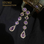 Purple Gemstone Long Pearl Tassel Drop EarringsEarrings