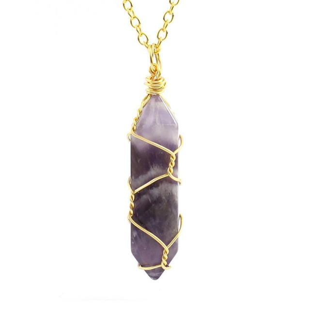 Natural Healing Rock Crystal Pendant NecklaceNecklaceGold-Amethyst