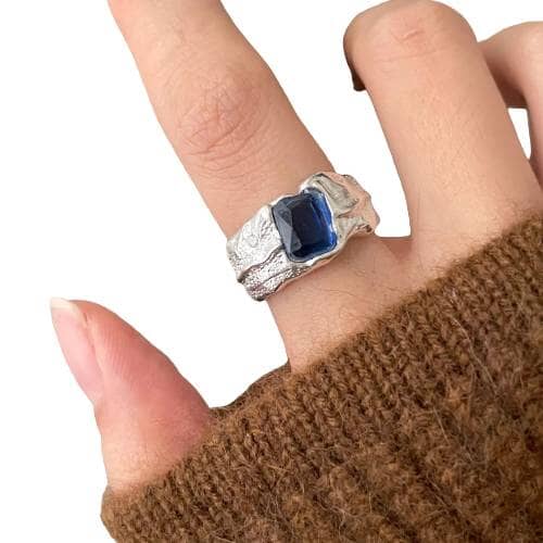 Authentic Square Blue Sapphire Irregular Ring - S925 Sterling SilverRing