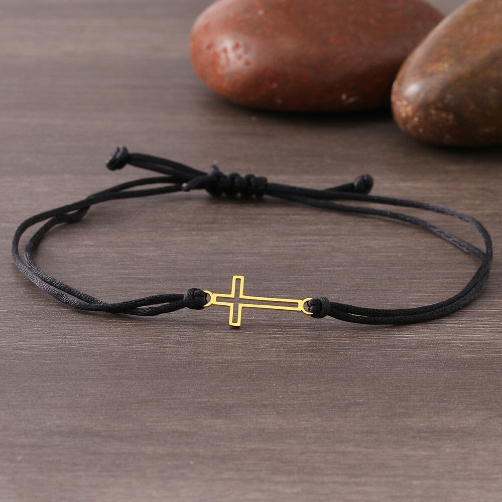 WWJD Gothic Hollow Cross Black Red Rope BraceletBraceletBlack-Gold